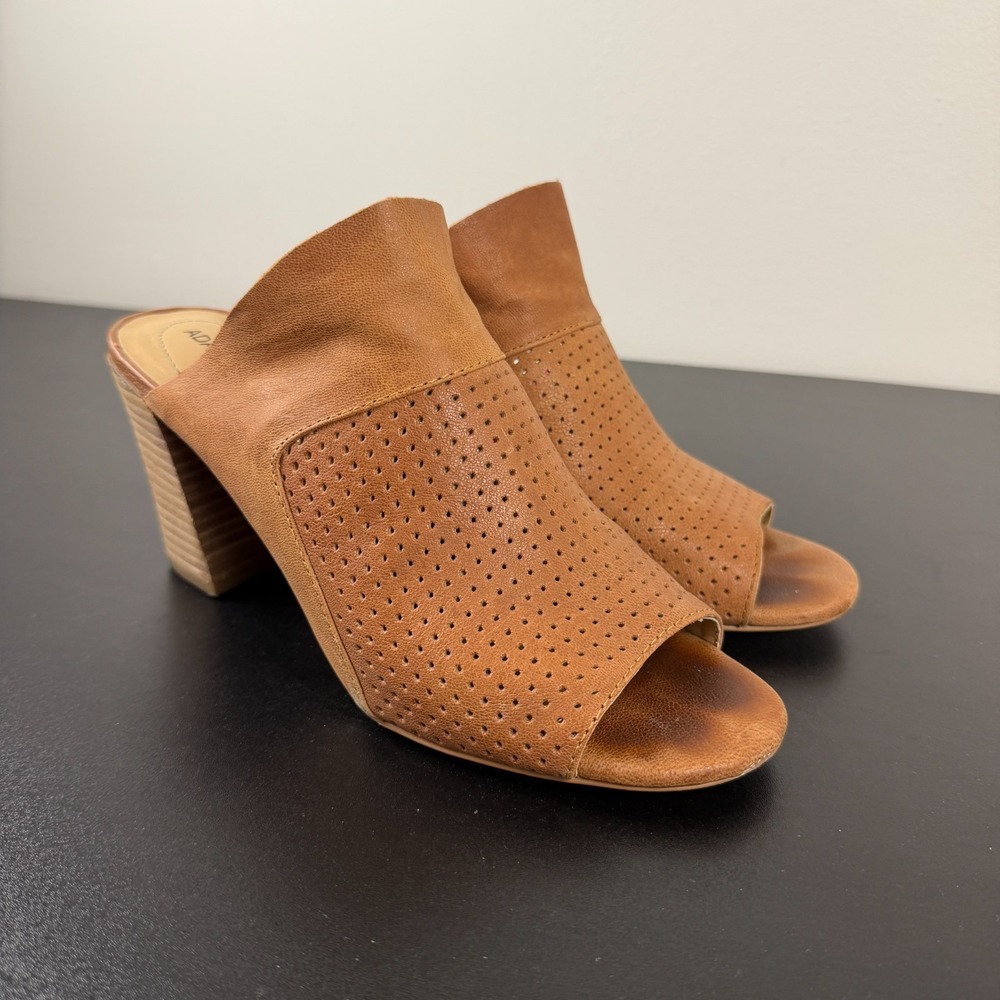 Adam Tucker Mylee Heels Womens 8M Brown Leather Comfortable Open Toe Slip On